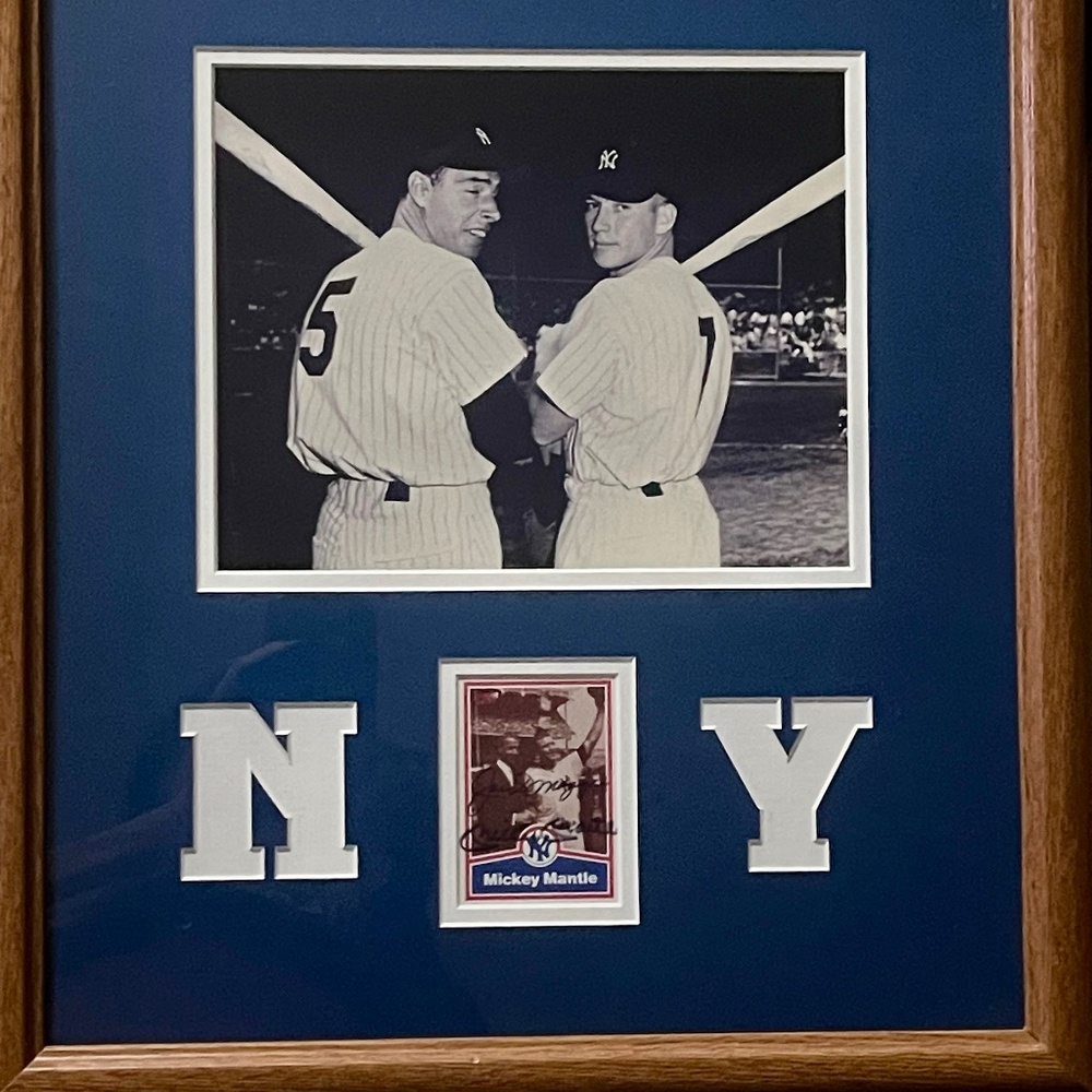 Framed Joe DiMaggio & Mickey Mantle Photo and signed Baseball card
